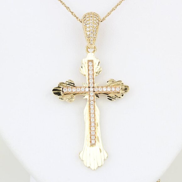 14K Two-Tone CZ Cubic Zirconia Diamond-Cut Cross Pendant